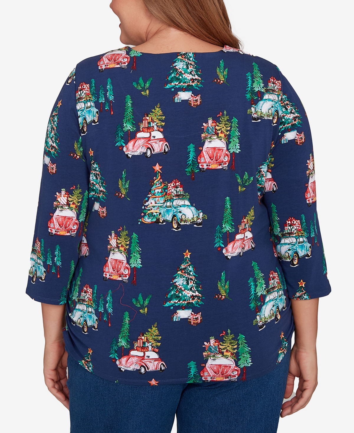 Alfred Dunner Plus Size Classic Christmas Tree Print Beaded Keyhole Neck Top In Blue