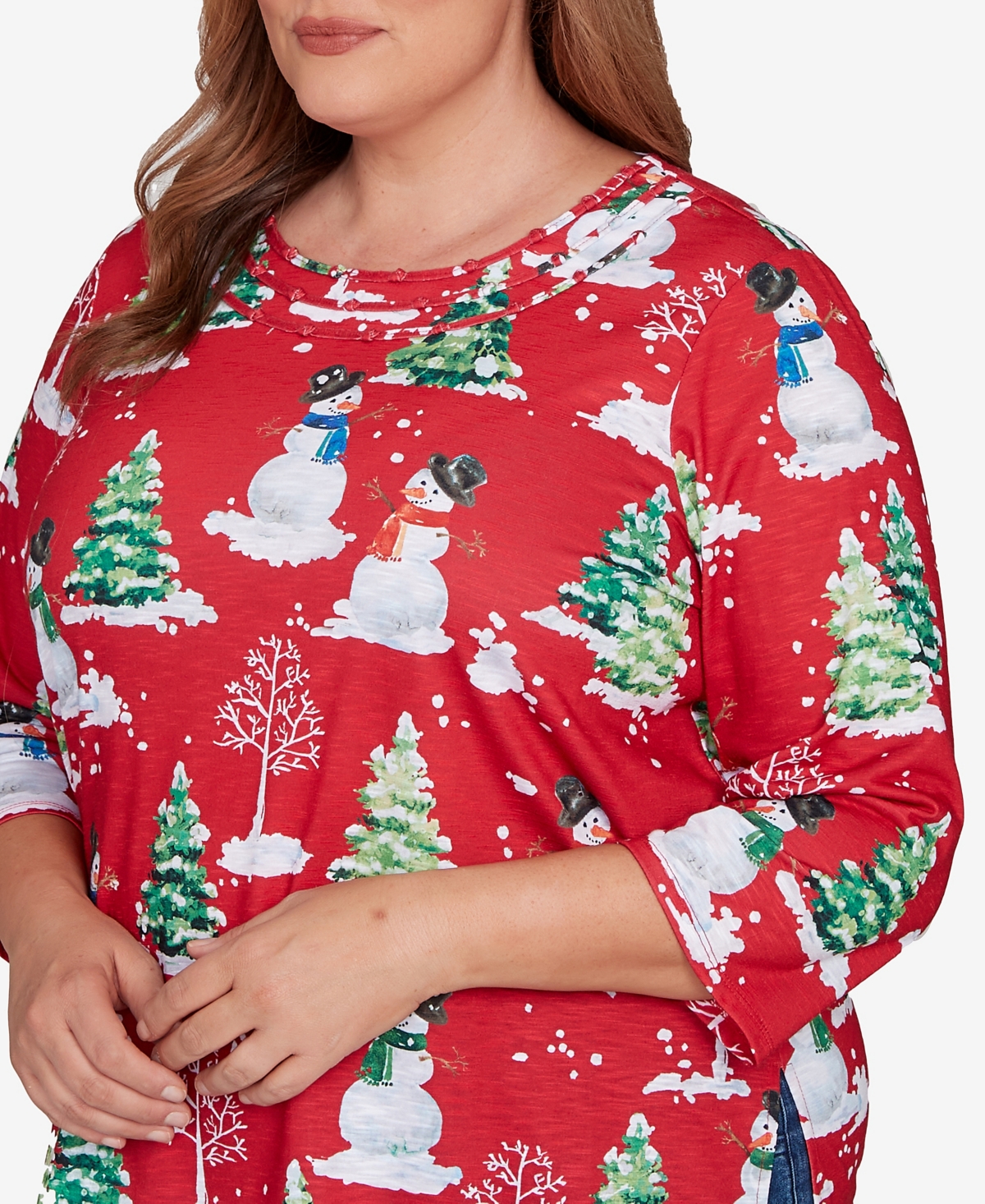 Alfred Dunner Plus Size Classic Snowmen Printed Crew Neck Top In Red