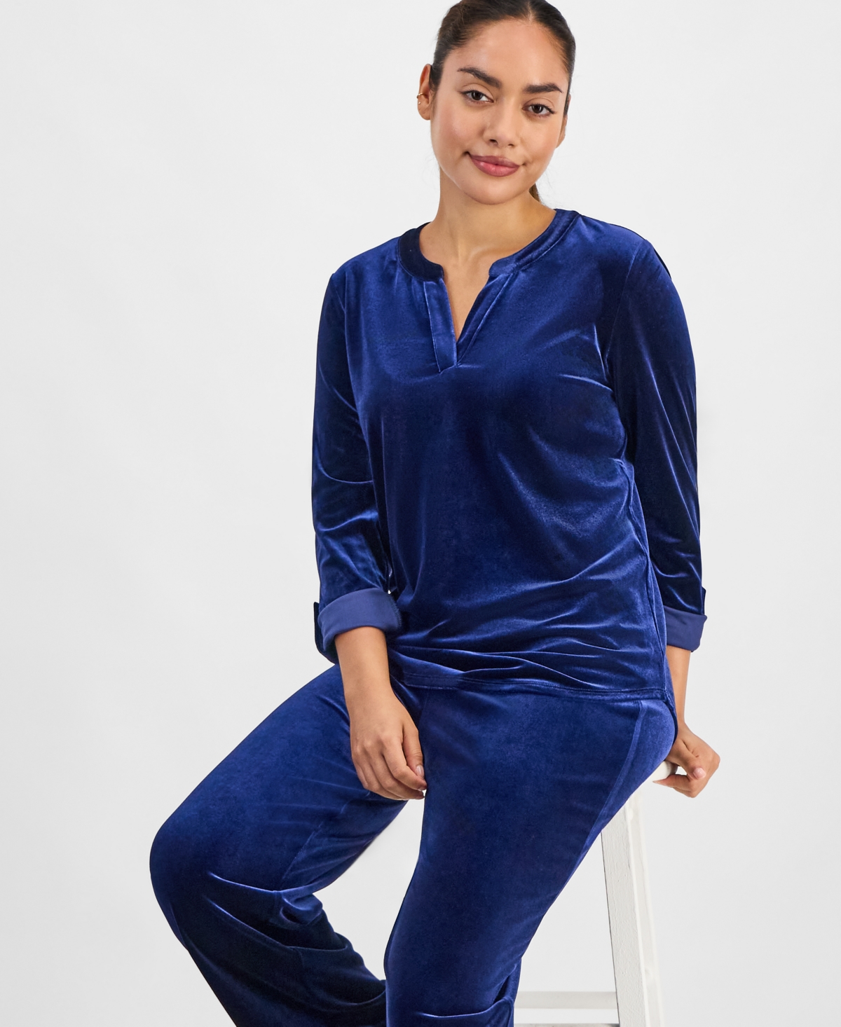 Ak Anne Klein Petite Velour Mid Rise Wide-Leg Pants