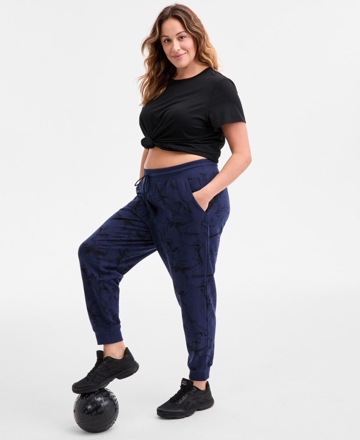 Id Ideology Plus Size Relaxed High-rise Marble Fleece Joggers, Macy's Exclusive In Black