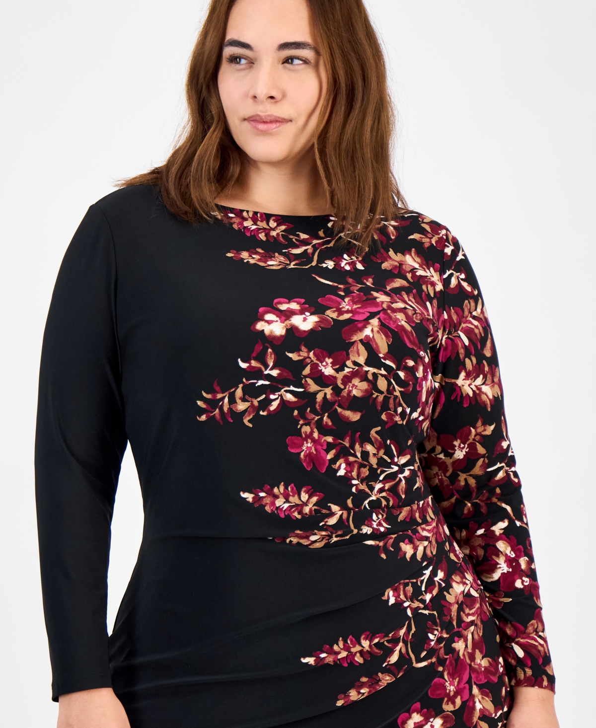 Kasper Plus Size Printed Long-sleeve Sheath Dress In Black