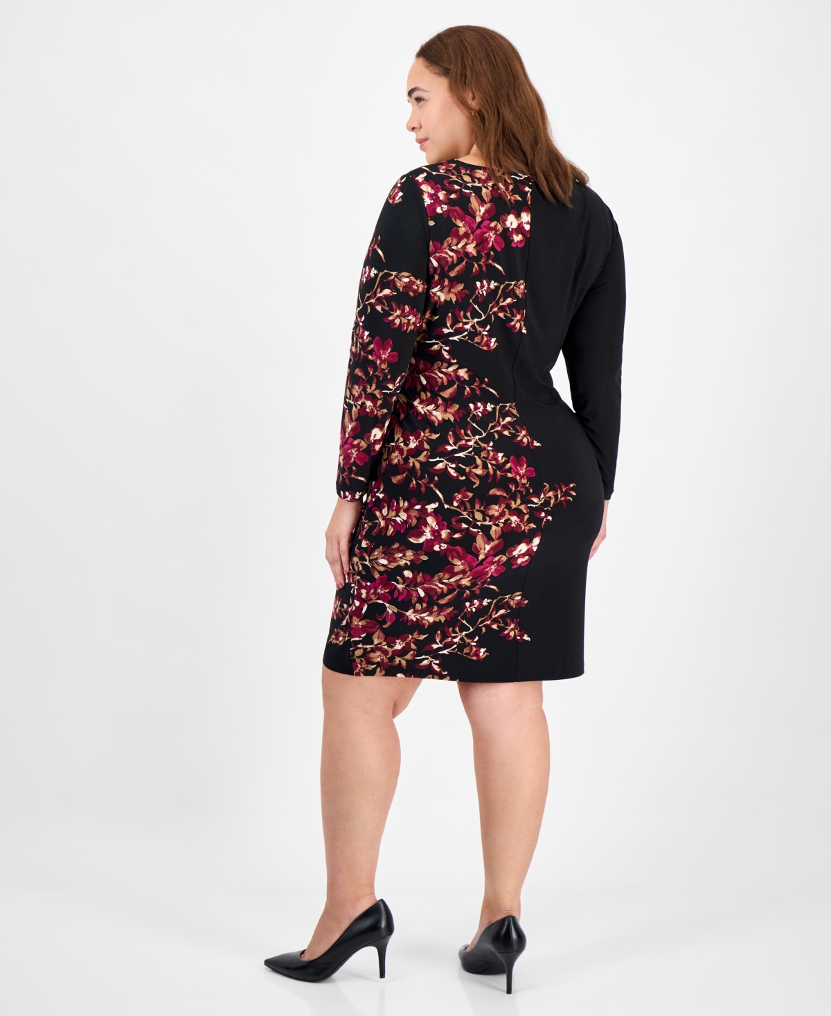 Kasper Plus Size Printed Long-sleeve Sheath Dress In Black