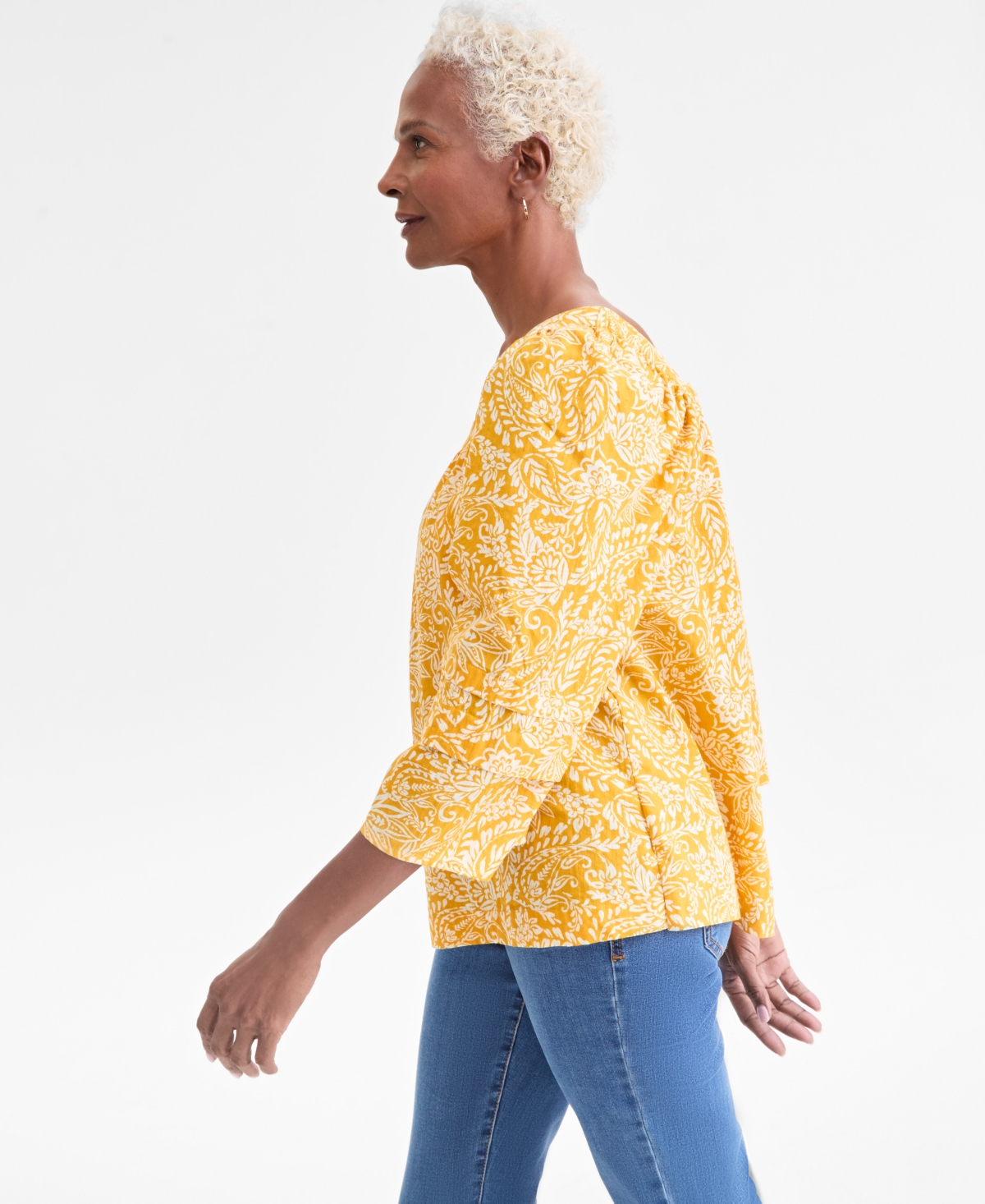 Style & Co Women's Printed Square-neck 3/4-sleeve Top, Macy's Exclusive In Yellow
