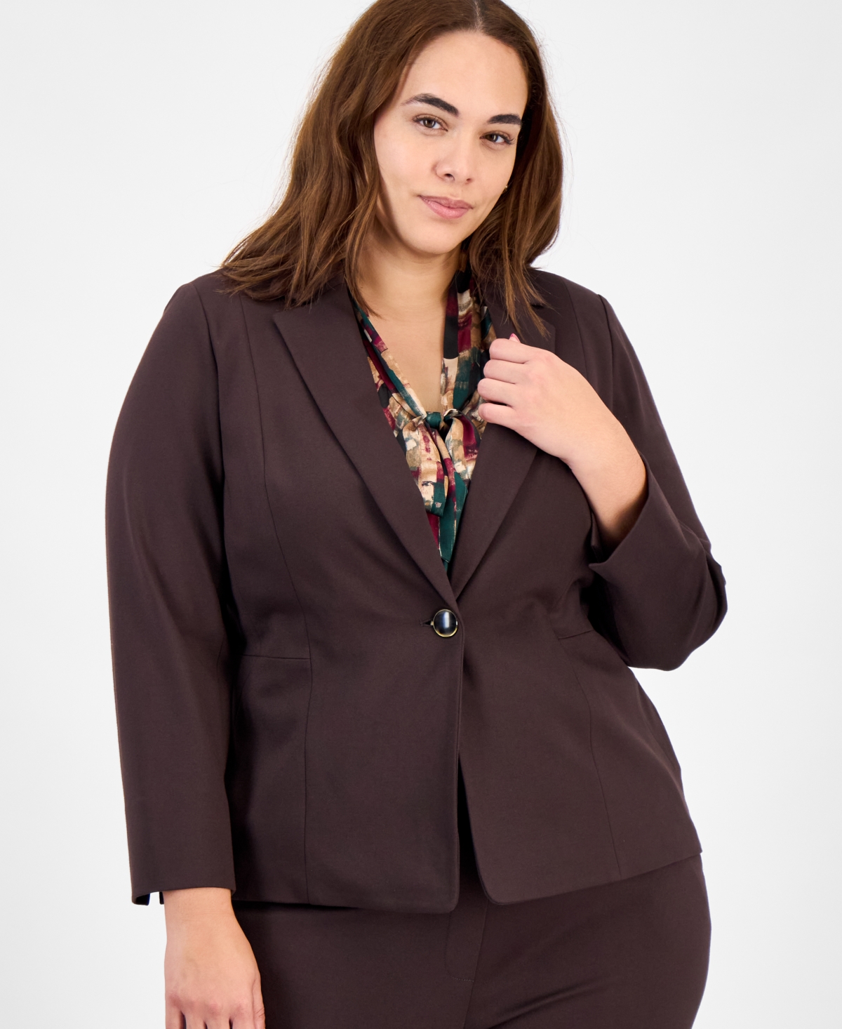 Kasper Plus Size Notched Collar One-button Blazer In Brown