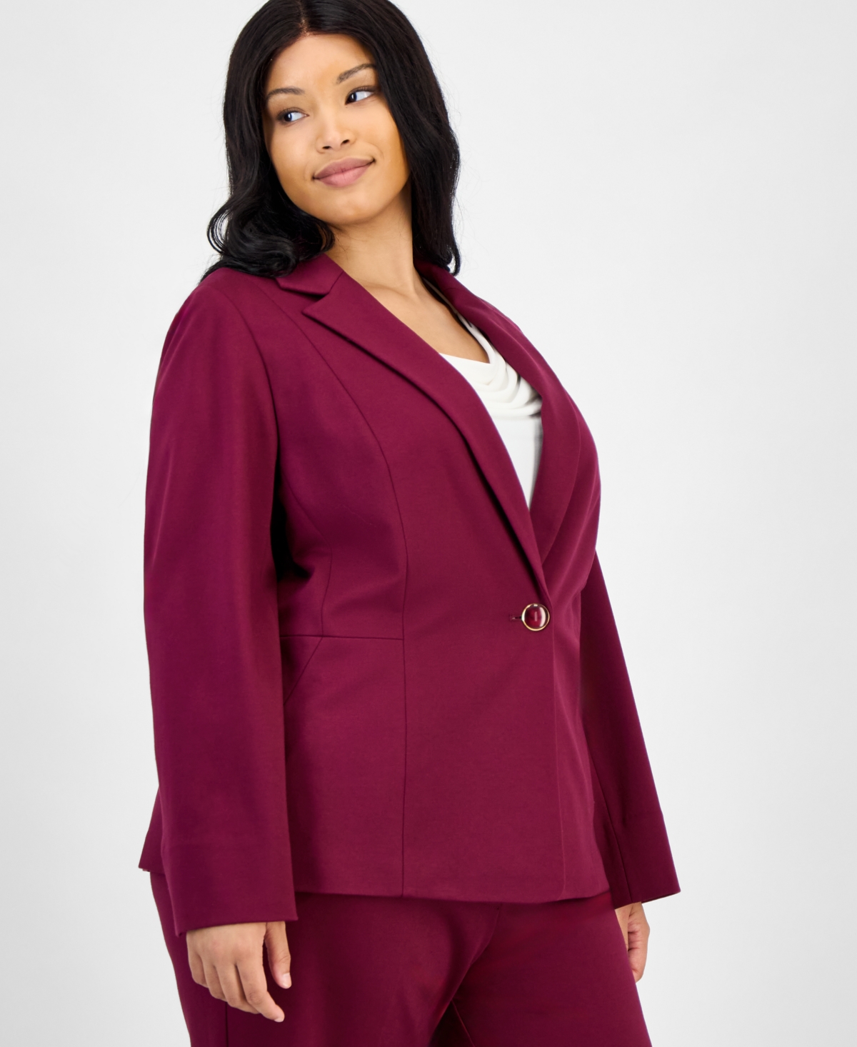 Kasper Plus Size Notched Collar One-button Blazer In Burgundy