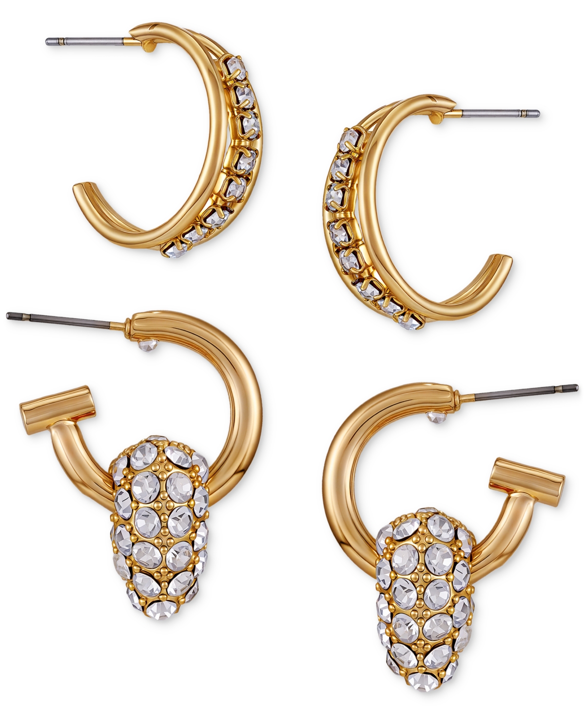 Guess Gold-tone Crystal Hoop Pave Drop Earrings, Set Of 2 In Gold