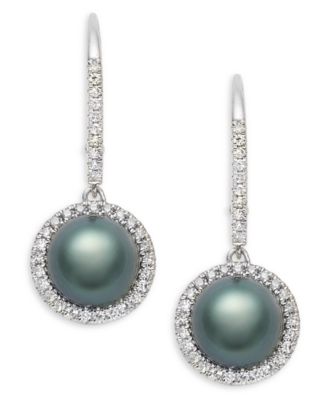 14K White Gold Tahitian Pearl (7.5-8.0mm) and Diamond (1/4 ct.tw.) Leverback Earrings Set 