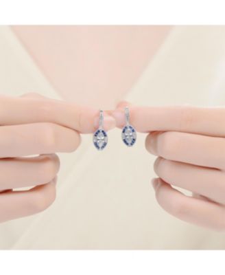 Sterling Silver with White Gold  Plated and Blue Cubic Zirconia Leverback Earrings