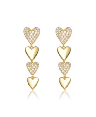 Sterling Silver 14k Yellow Gold Plated with Cubic Zirconia Double Stampato Heart Dangle Earrings