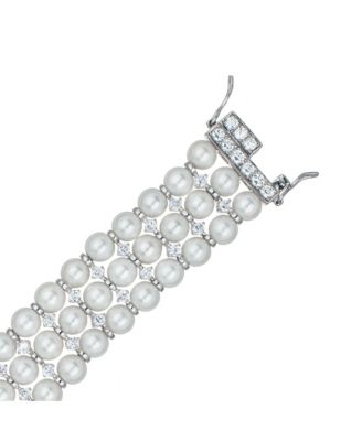Sterling Silver White Gold Plated Cubic Zirconia 3 Row Pearl Bracelet