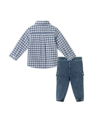 Infant Boys Grey Check Buttondown and Denim Pant Set
