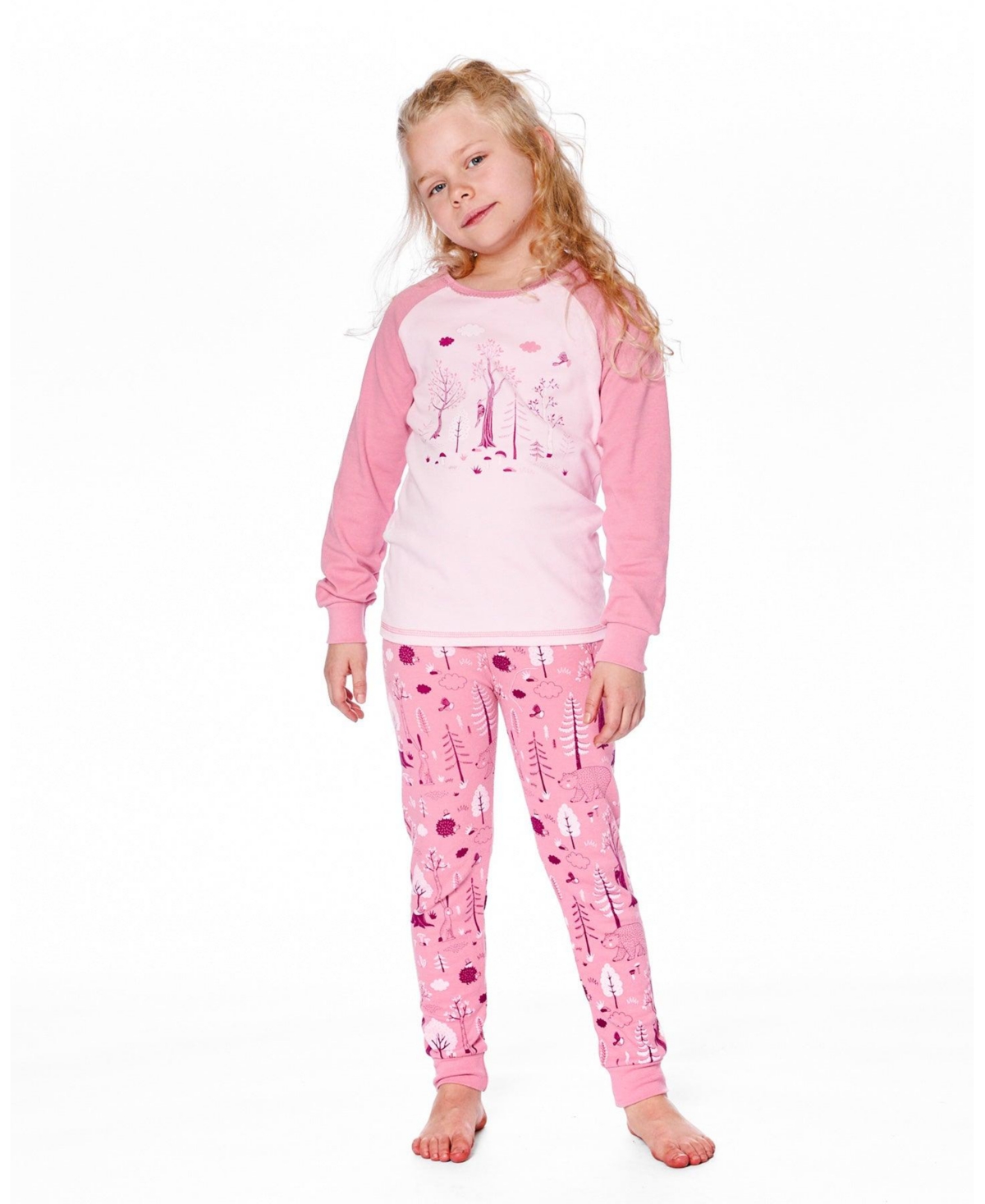 Deux par Girl Cotton Two-Piece Pajamas Pink Forest