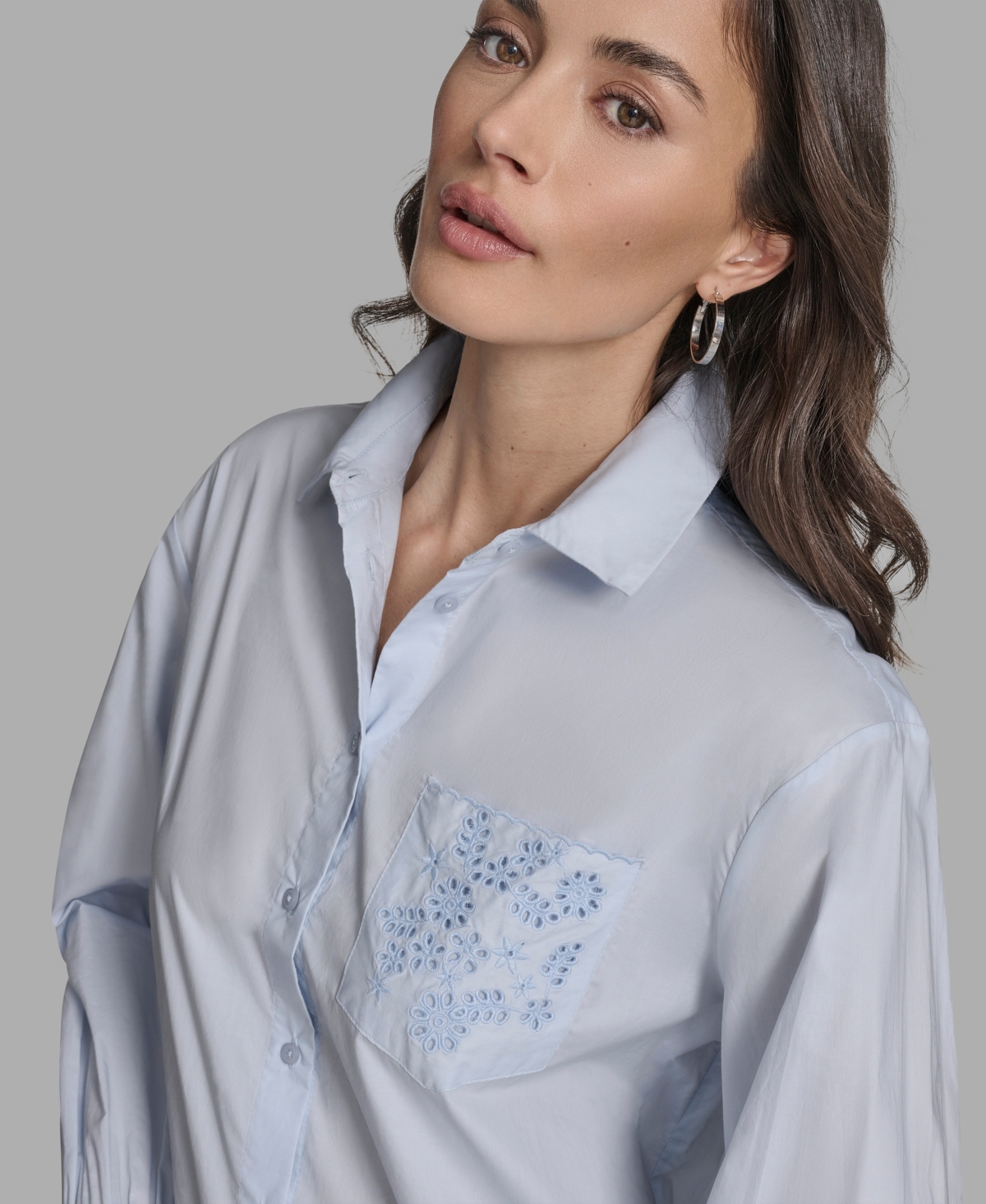 Bcbg Women's Long Sleeve Button-up Embroidered Top In Blue