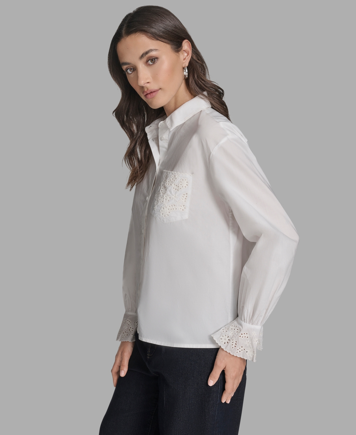 Bcbg Women's Long Sleeve Button-up Embroidered Top In White