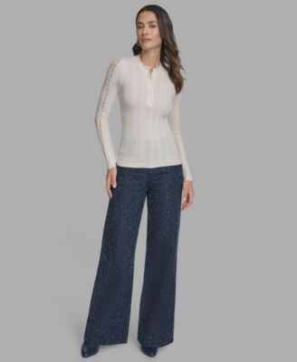 Women's Long Sleeve Mix-Stitch Henley Neck Sweater