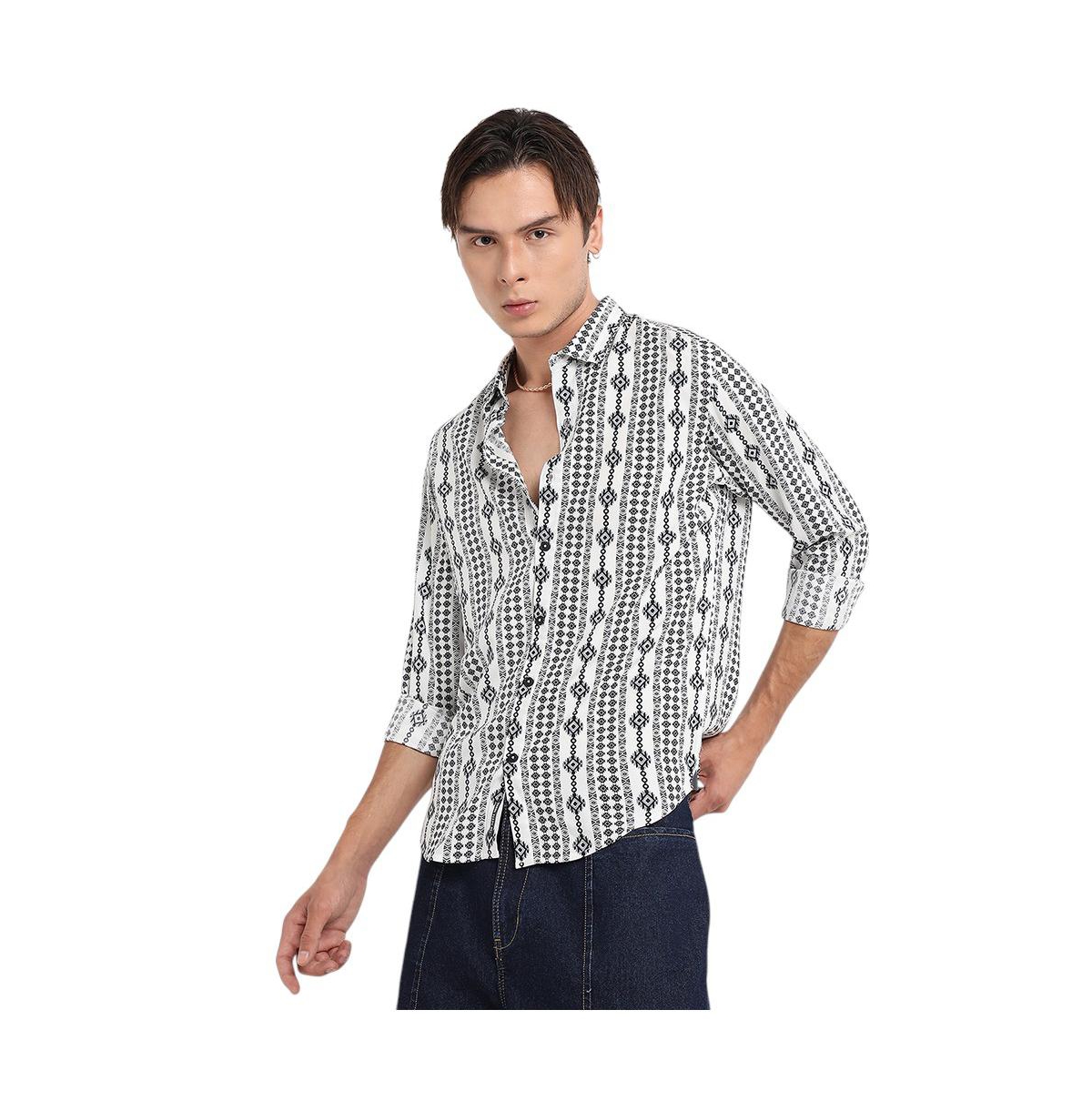 Men's Black & Grey Geometric Aztec Print Shirt - Black