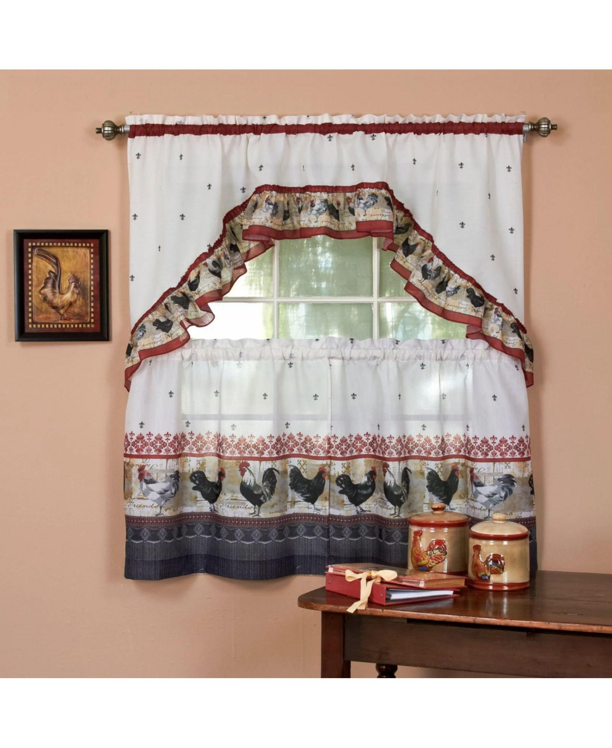 Kate Aurora Retro Rooster Complete 3 Piece Kitchen Curtain Tier and Swag Valance Set - 57 in. W x 36 in. L