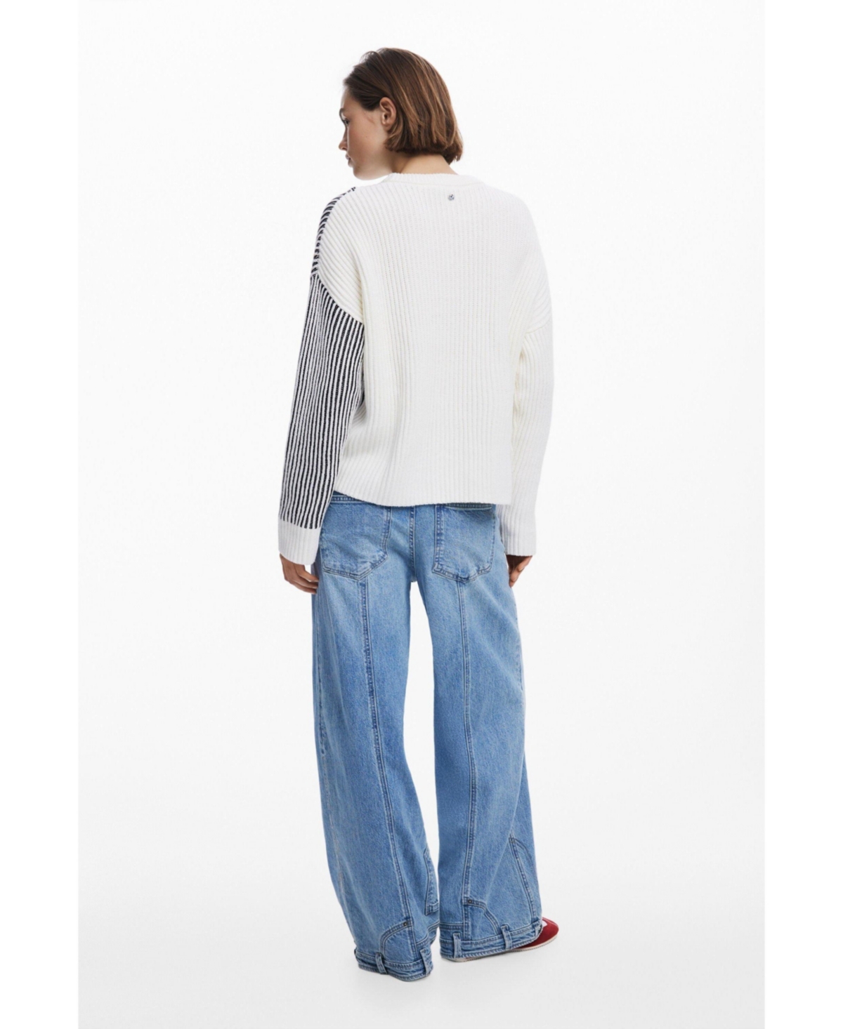 Desigual Stripe Crewneck Cotton Blend Sweater In White