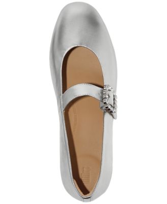 Women's Delicato Crystal-Buckle Metallic-Leather Mary Jane Flats