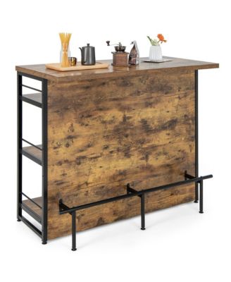 47" Metal, MDF Wine Rack, Glass Holders, Footrest, 4-Tier Shelf Industrial Kitchen Island Bar Table