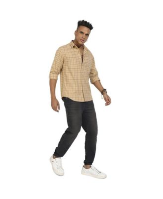 Men's Beige Contrast Tartan Plaid Shirt