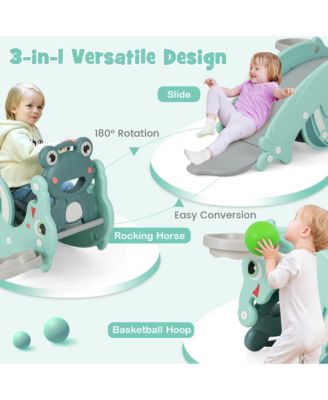3-in-1 Kids Slide Rocking Horse Set Convertible Toddler Slide w/ Basketball Hoop Green