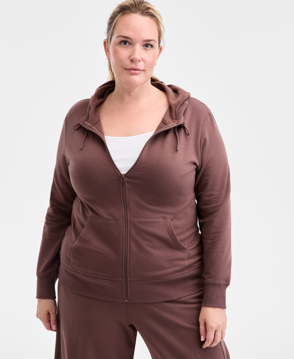 Id Ideology Women's Relaxed Zip-front Long-sleeve Fleece Hoodie, Created For Macy's In Brown