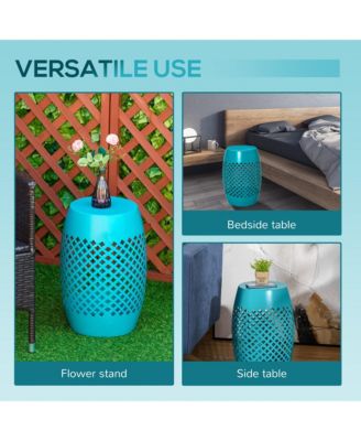 12.5" Steel Patio End Table, Round Hollow Drum Side Table, Accent Table for Indoor & Outdoor, Blue