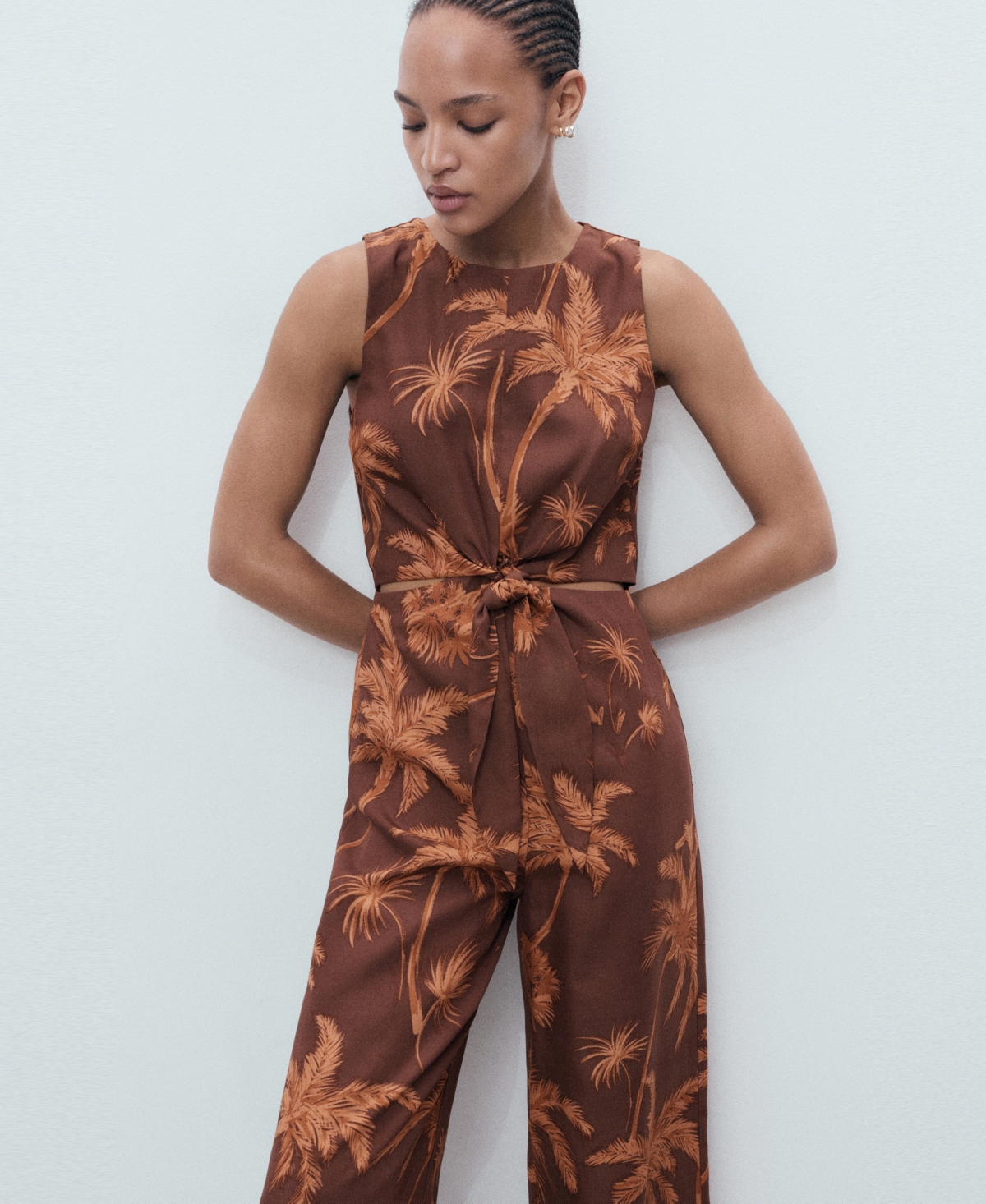 Mango Lyocell Jumpsuit Cut Out Knot Detail Brown In Brown