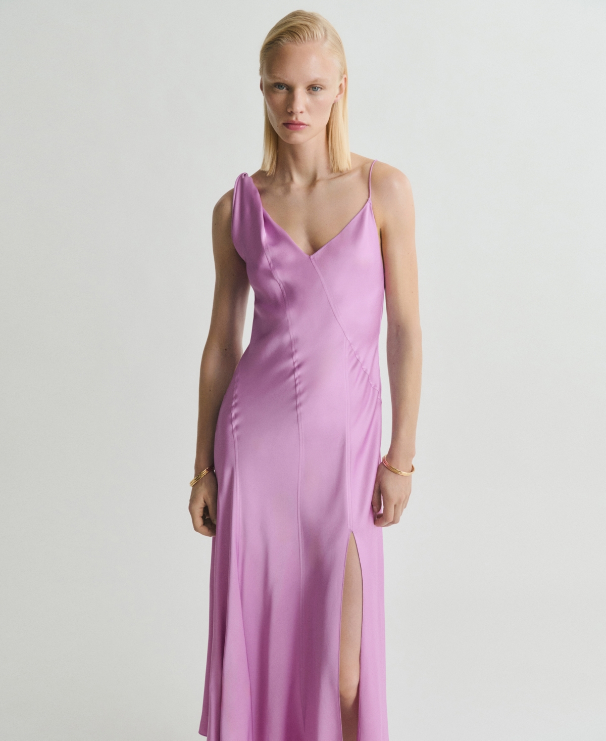 Mango One Shoulder Satin Midi Dress With Side Split In Pink