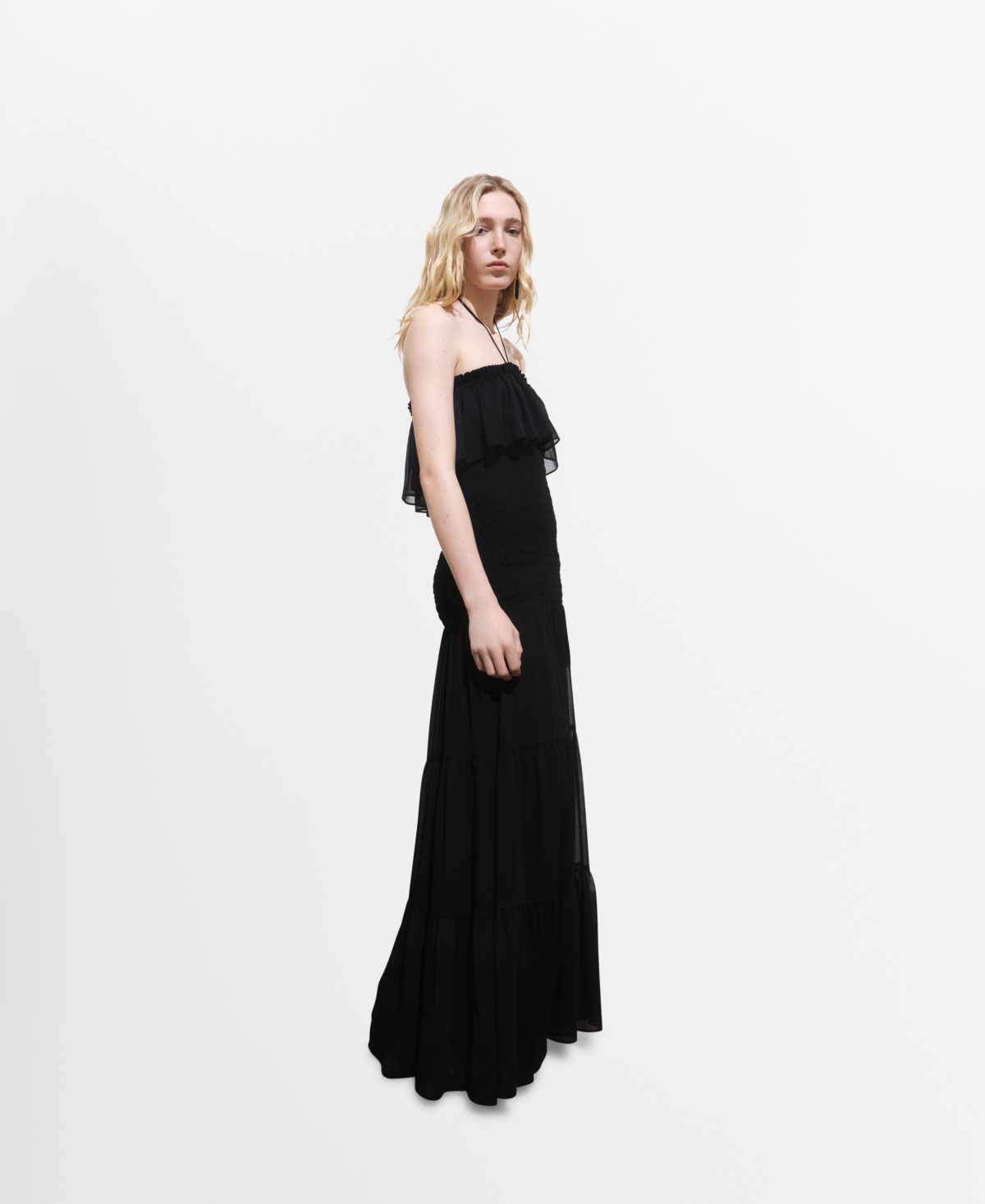 Mango Ruffle Tiered Halter Maxi Dress In Black