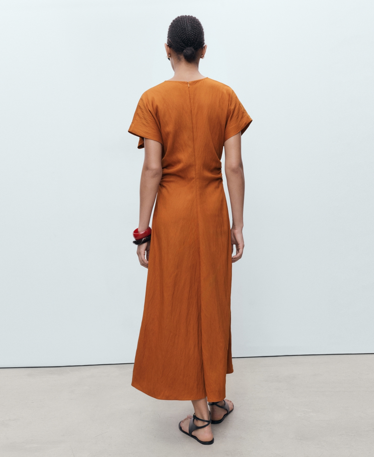 Mango Midi Dress With Gathered Sides Brown In Brown