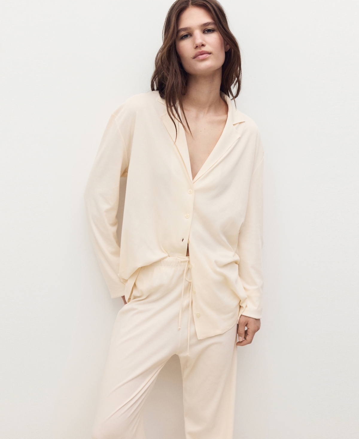 Mango Solid Cotton Pajama Pants In White