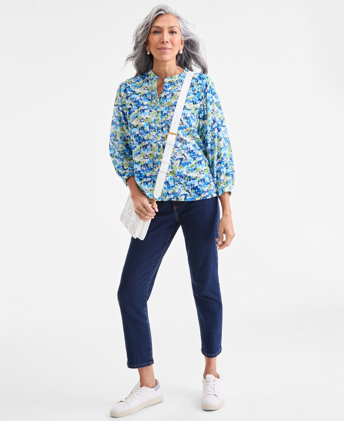 Style & Co Women's Printed Cotton Button-front Blouse, Exclusively At Macy's In Blue