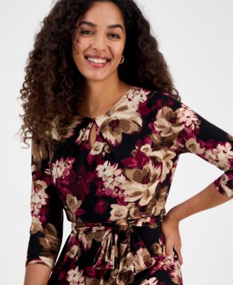 Floral-Print Keyhole Fit & Flare Dress, Regular & Petites