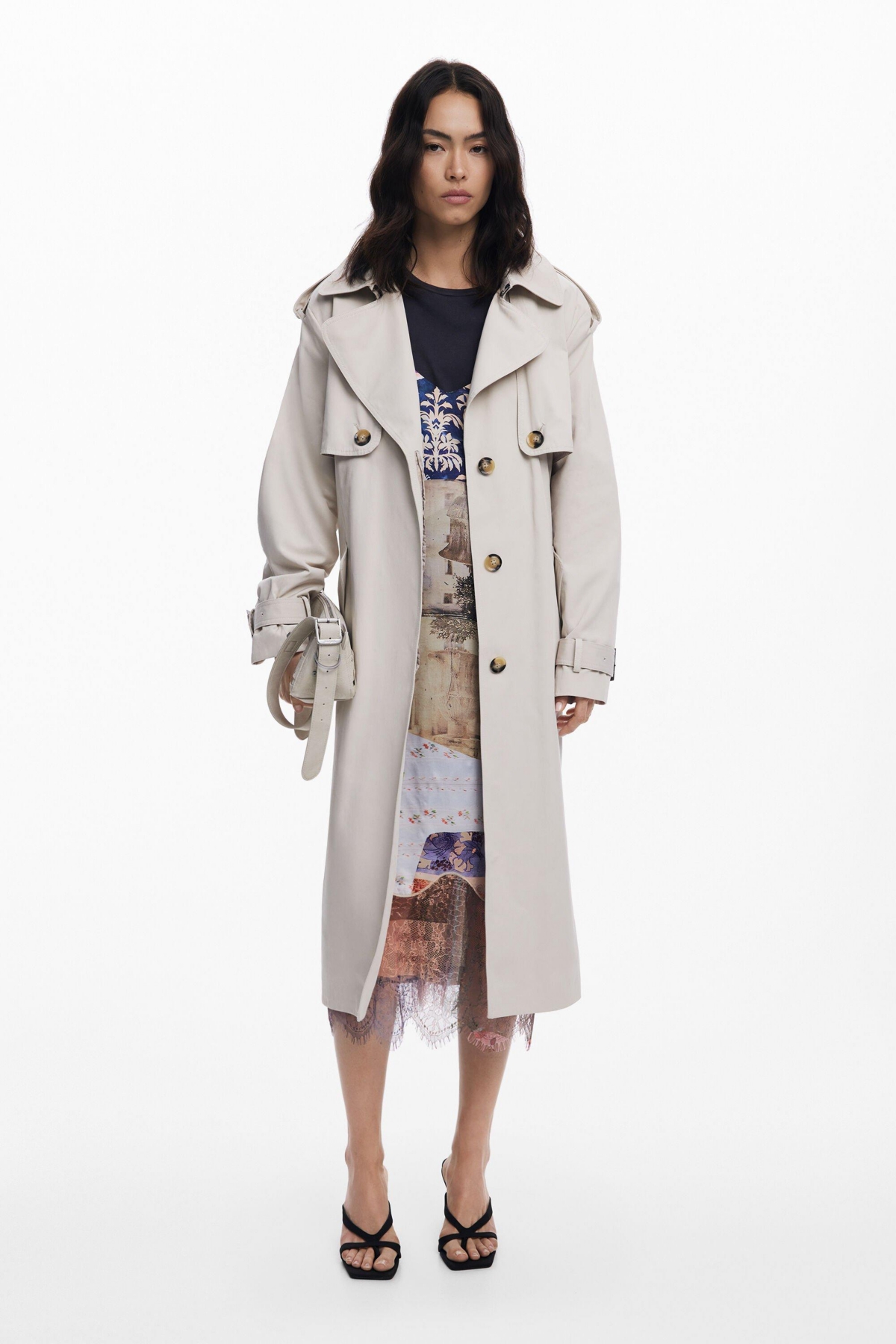 Desigual Belted Trench Coat In Gray