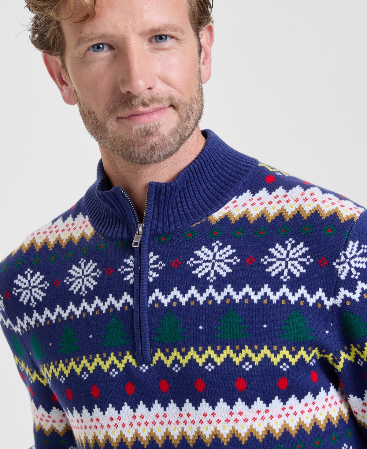Holiday Lane Men's Fair Isle Zip-neck Sweater, Macy's Exclusive In Blue