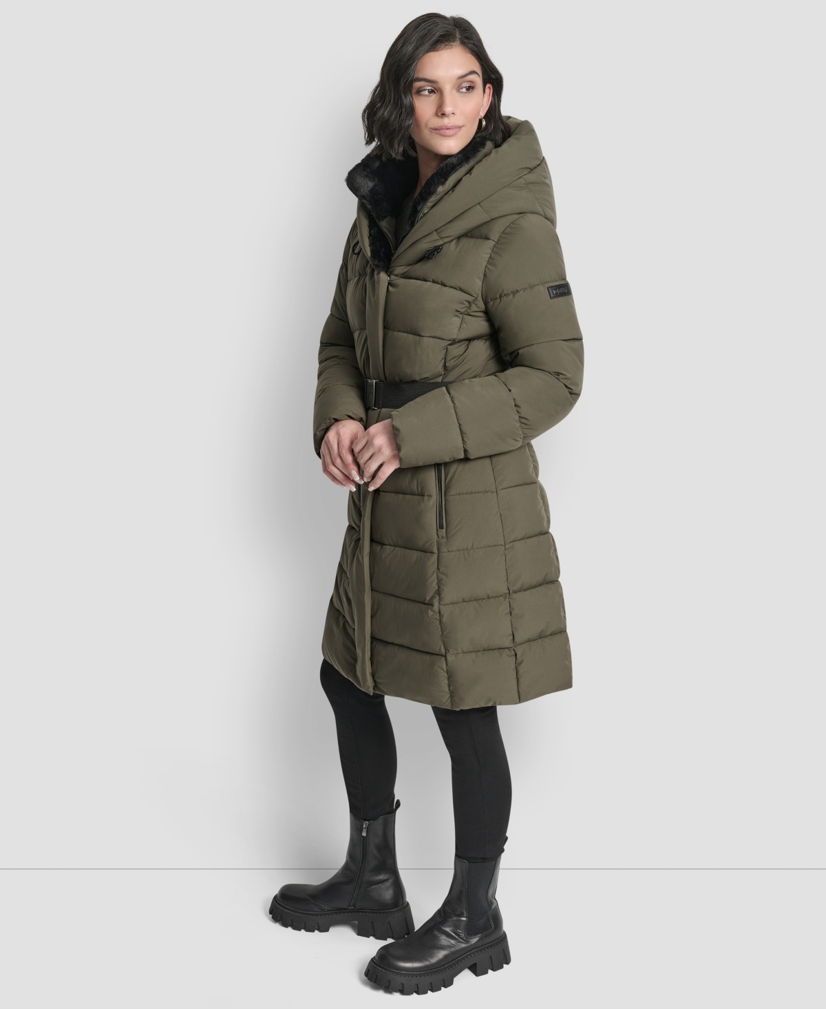 Dkny Women's Belted Asymmetrical Zip Front Puffer Coat In Gold