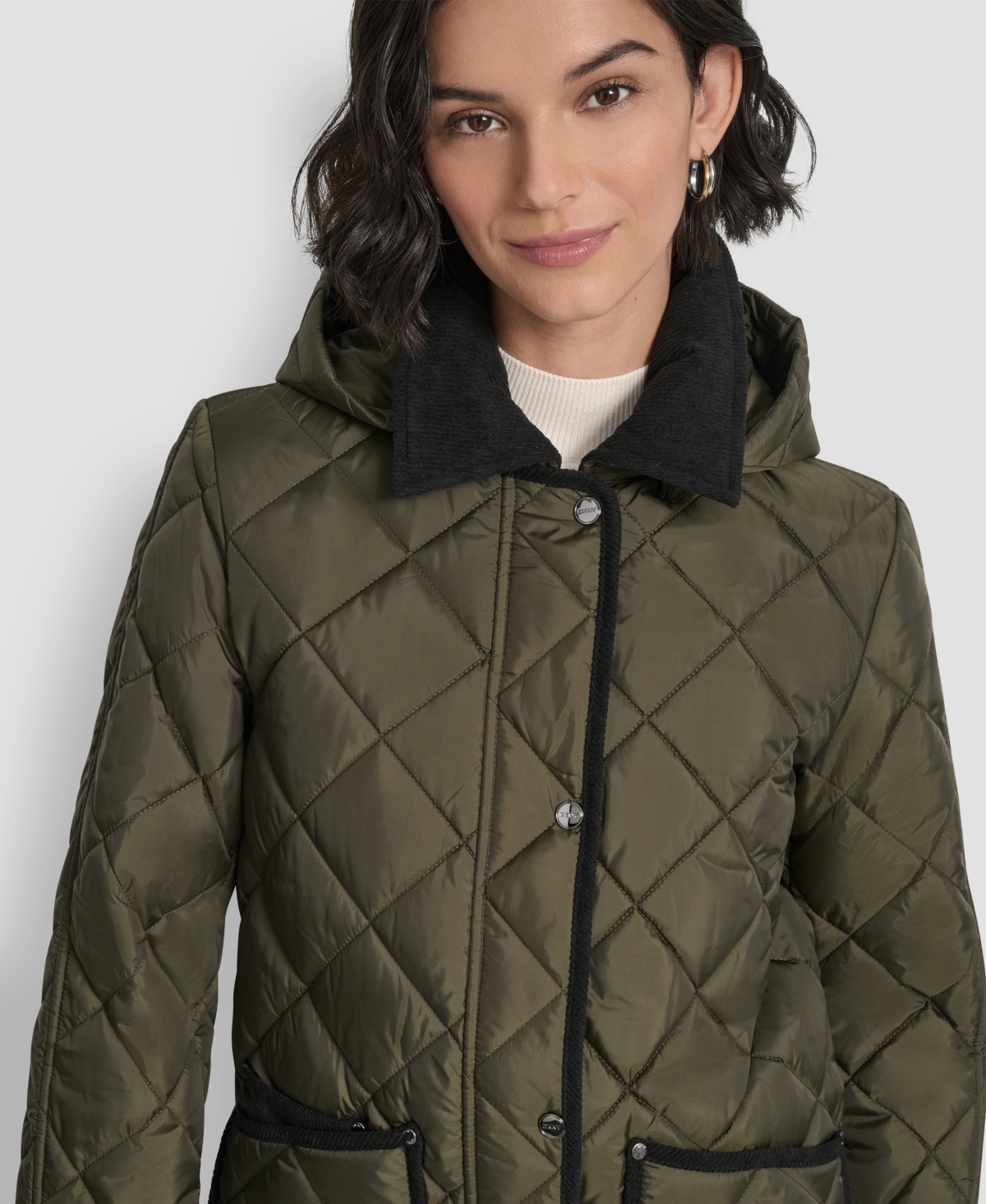 Dkny Women's Corduroy Collar Hooded Quilted Coat In Green