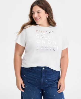 On 34th - Trendy Plus Size Metallic Message Print T-Shirt