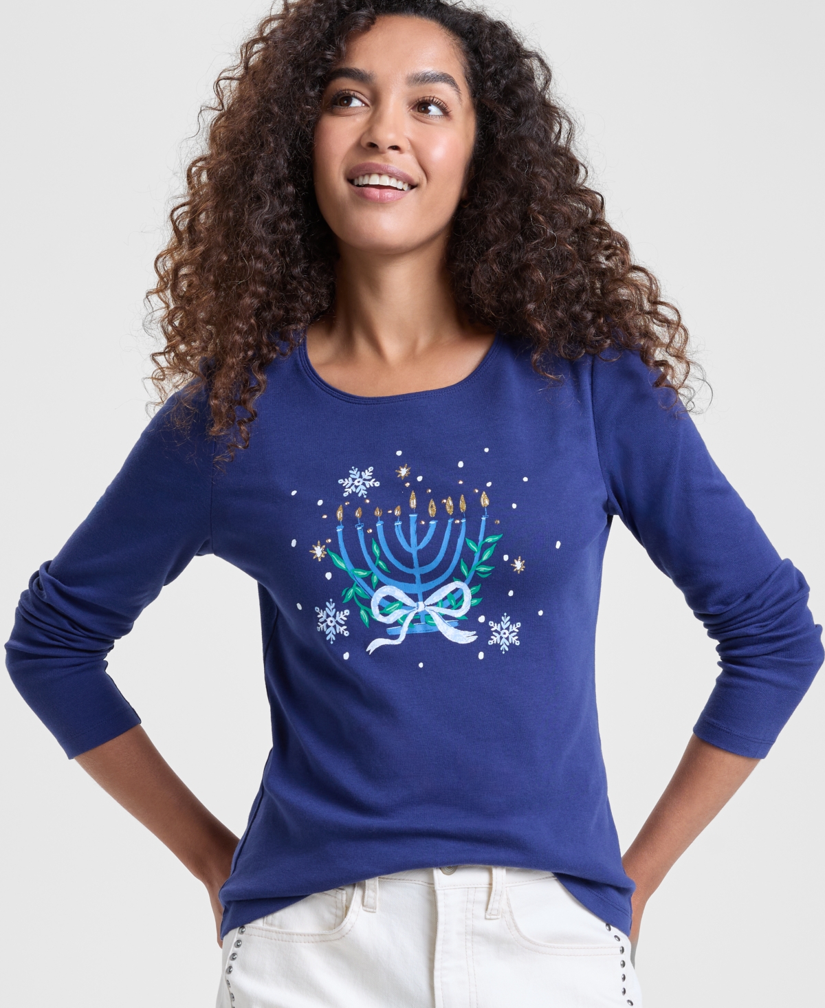 Holiday Lane Petite Menorah Long-Sleeve Tee, Macy's Exclusive
