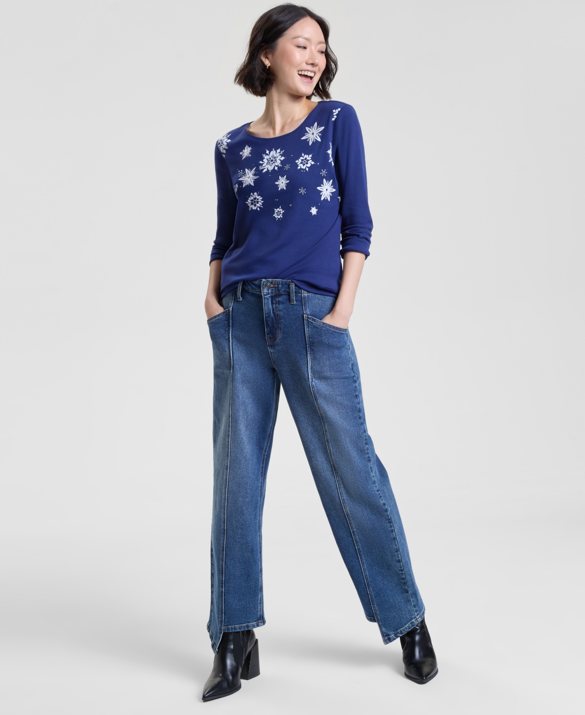 Holiday Lane Petite Falling Snowflake Long-Sleeve Tee, Macy's Exclusive