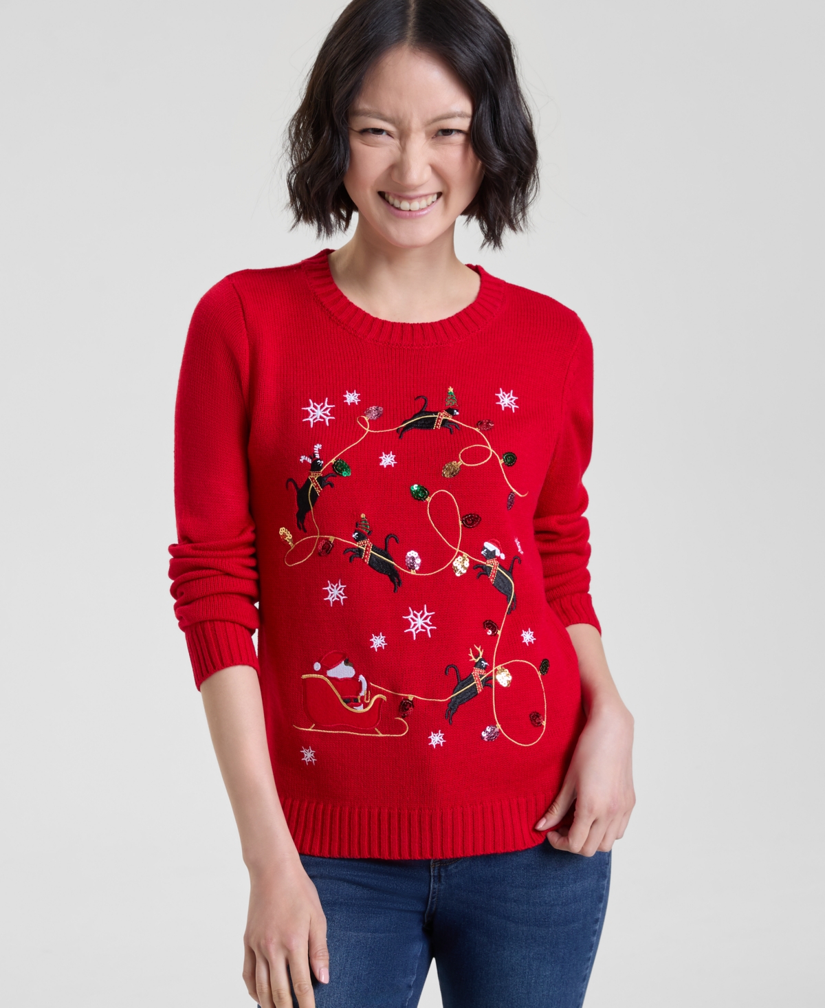 Holiday Lane Women's Kitten Sleigh Crewneck Sweater, Created For Macy's In Red