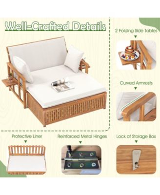 Outdoor Wooden Daybed with 4-Level Backrest & Removable Cushions for Poolside