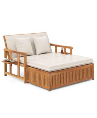 Outdoor Wooden Daybed with 4-Level Backrest & Removable Cushions for Poolside