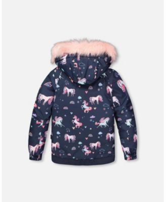 Big Girls Two-Piece Play Snowsuit Navy Unicorn Print