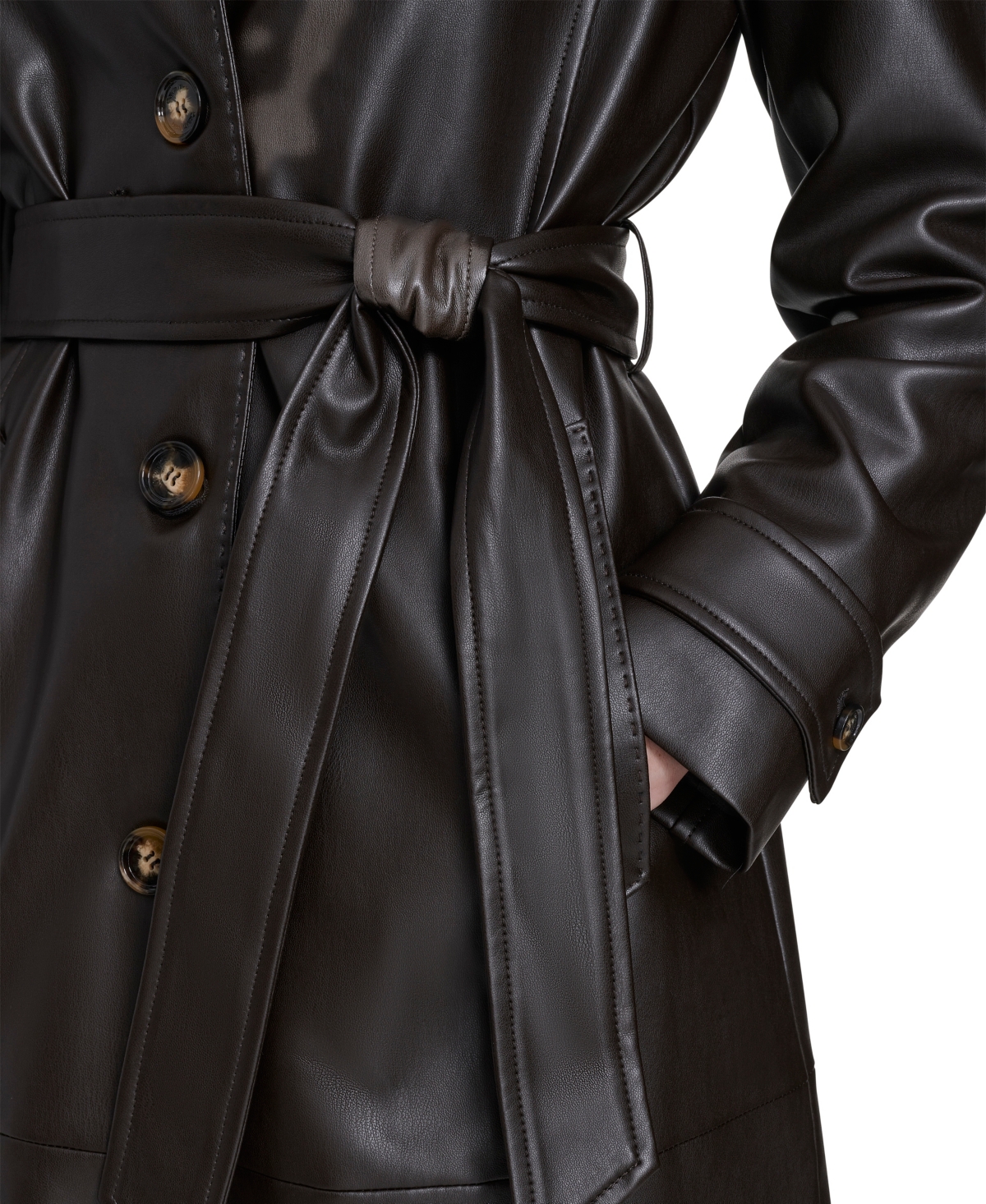 Calvin Klein Petite Faux-leather Trench Coat In Brown