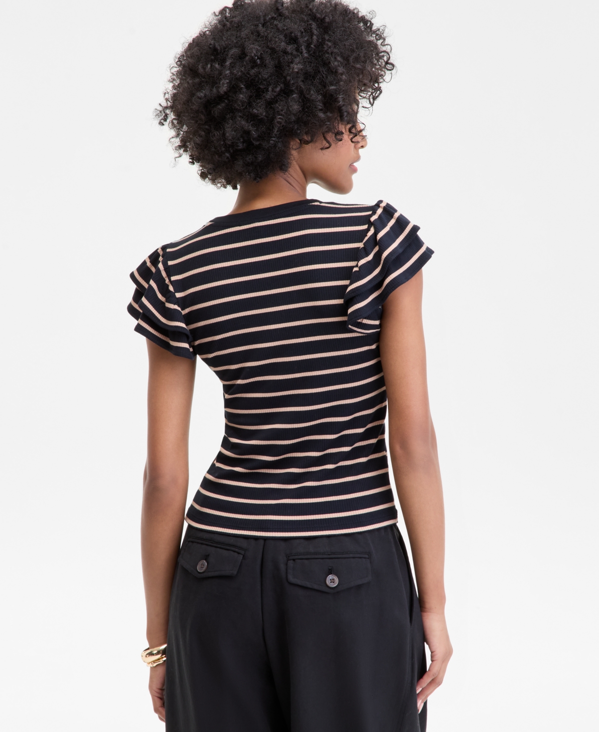 On 34th Women's Flutter-sleeve Ribbed Top, Created For Macy's In Black