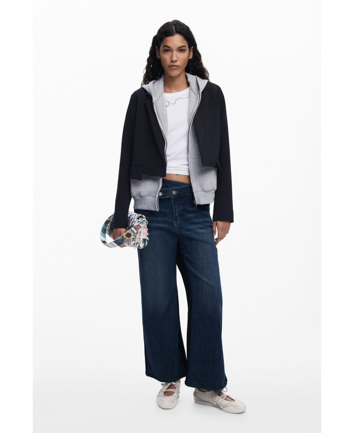 Desigual Crossover Waist Wide Leg Jeans In Blue