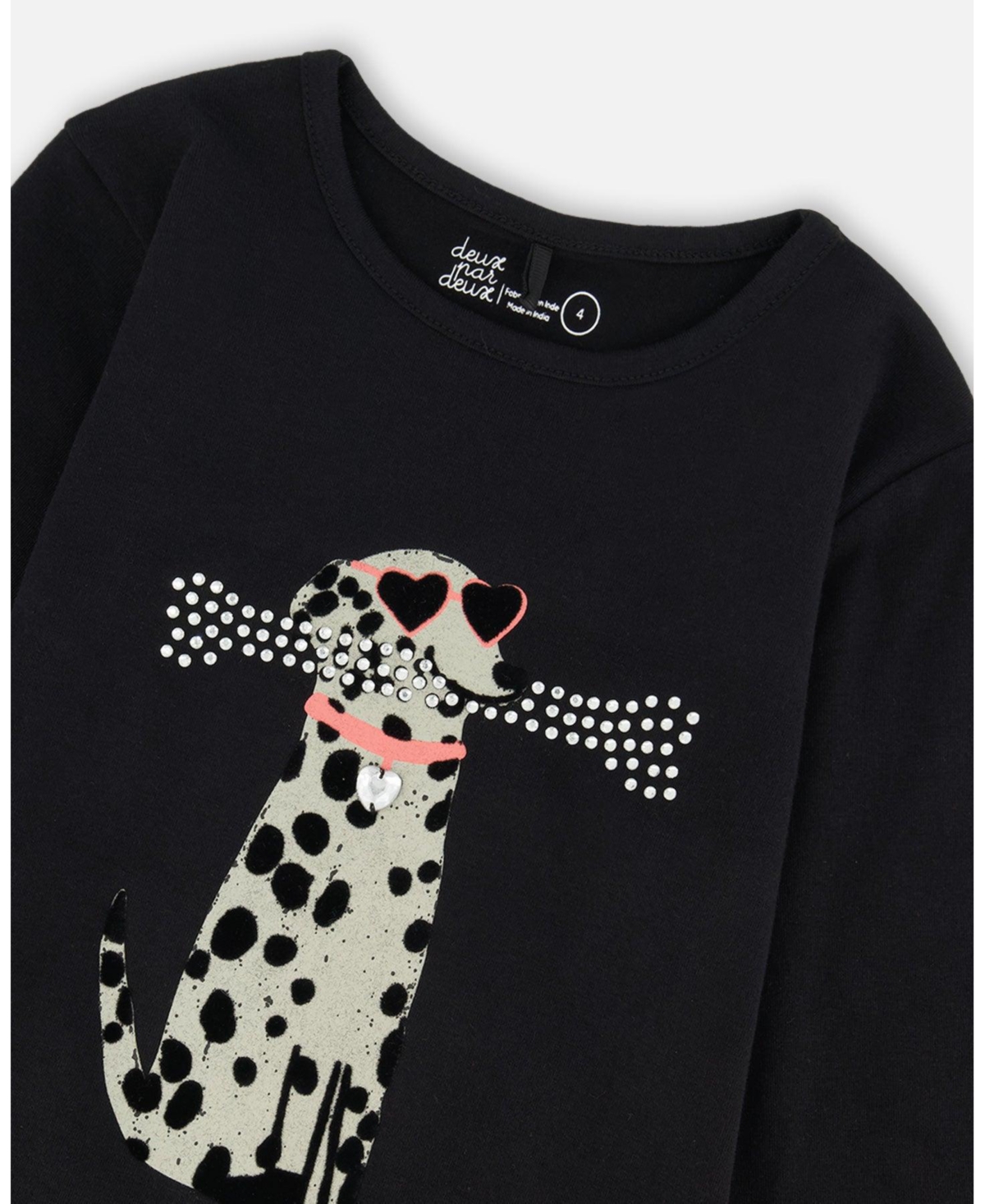 Deux par Girl Cotton T-Shirt Black with Dalmatian